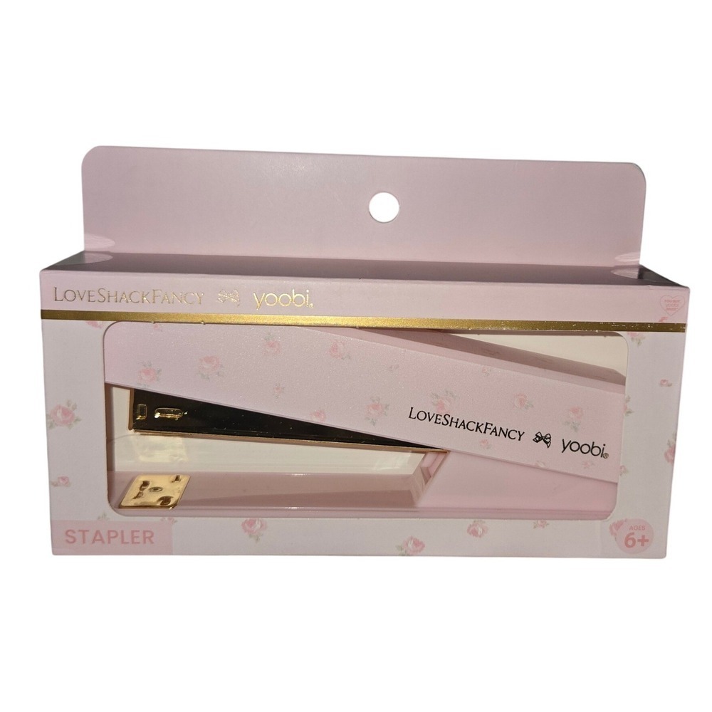 LoveShackFancy Yoobi Stapler Office OS Pink New Floral Gold Accents Desk